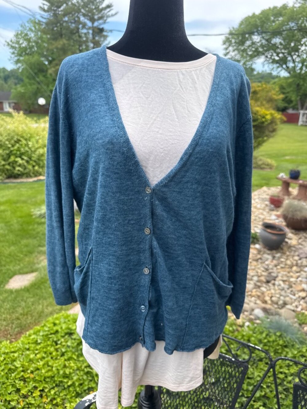 Eileen Fisher Linen Cardigan Blue Open Front Lightweight Womens L